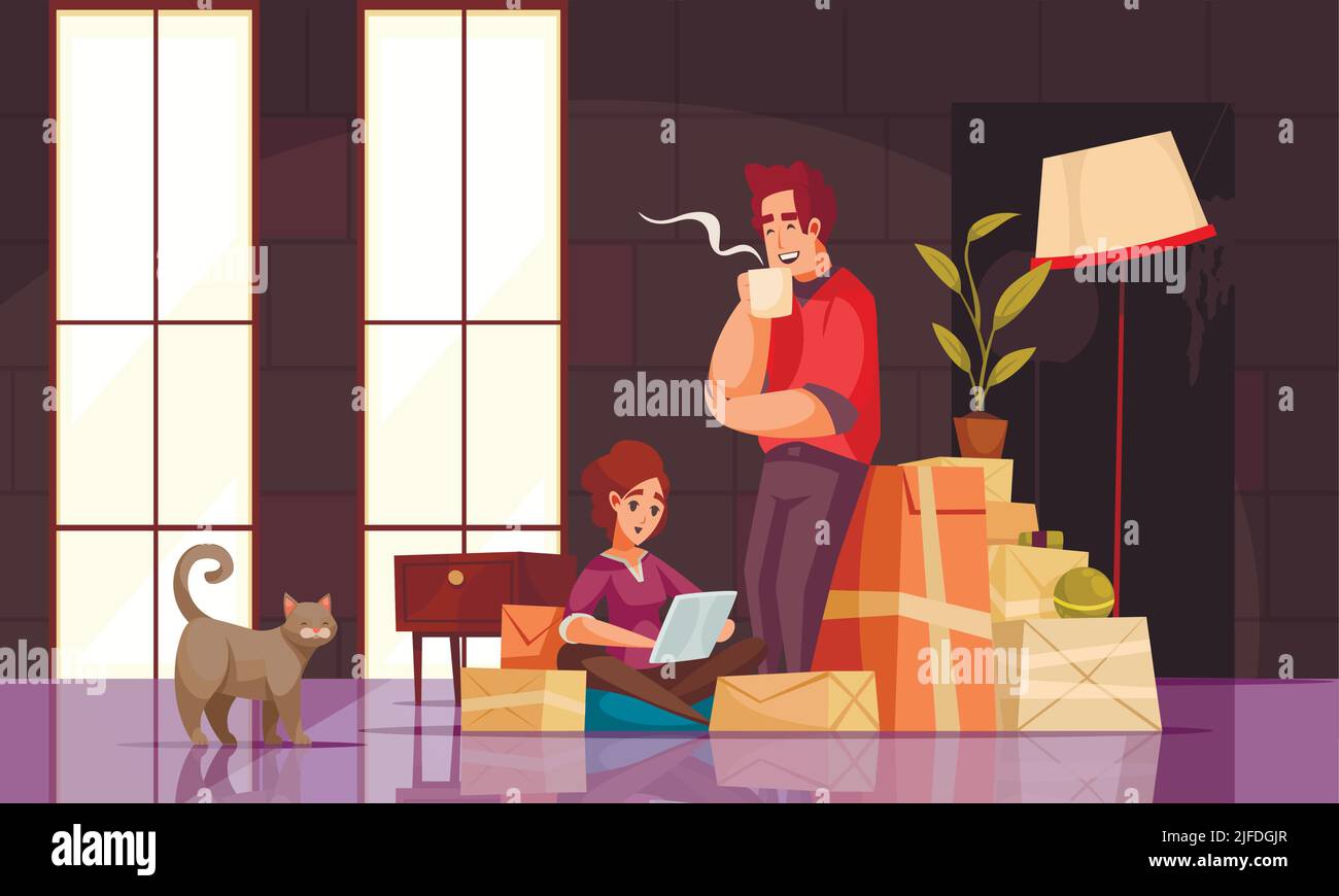 Nouvelle maison dessin animé intérieur compositions jeune couple avec des paquets de chat boîtes sur le sol contrôle ordinateur portable illustration vectorielle Illustration de Vecteur