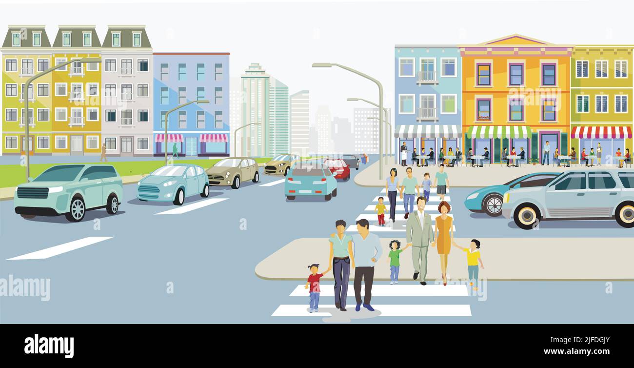 Silhouette de ville avec des familles sur le passage de côté et la circulation routière, illustration Illustration de Vecteur