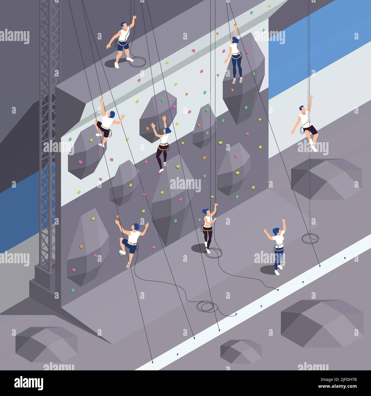 Escalade mur de rochers salle de gym parc d'attractions complexe sportif extérieur avec top corde grimpeurs illustration vectorielle isométrique Illustration de Vecteur