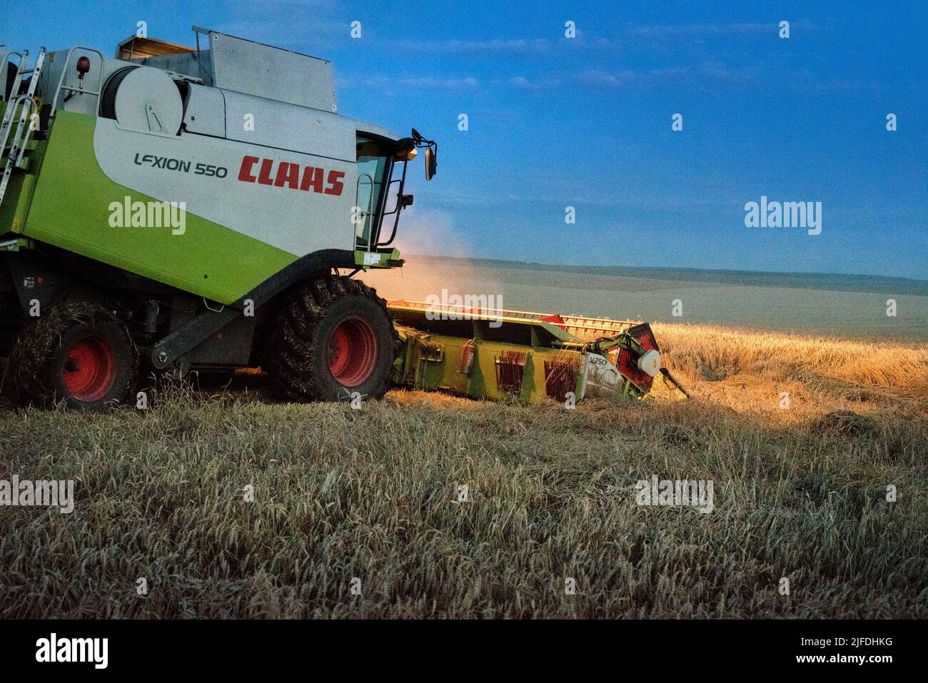 RÉGION DE TERNOPIL, UKRAINE - 03 août 2021: - Moissonneuse-batteuse CLAS travail de nuit dans le champ de blé moissonneuse-batteuse gros plan, éclairage de soirée de W Banque D'Images