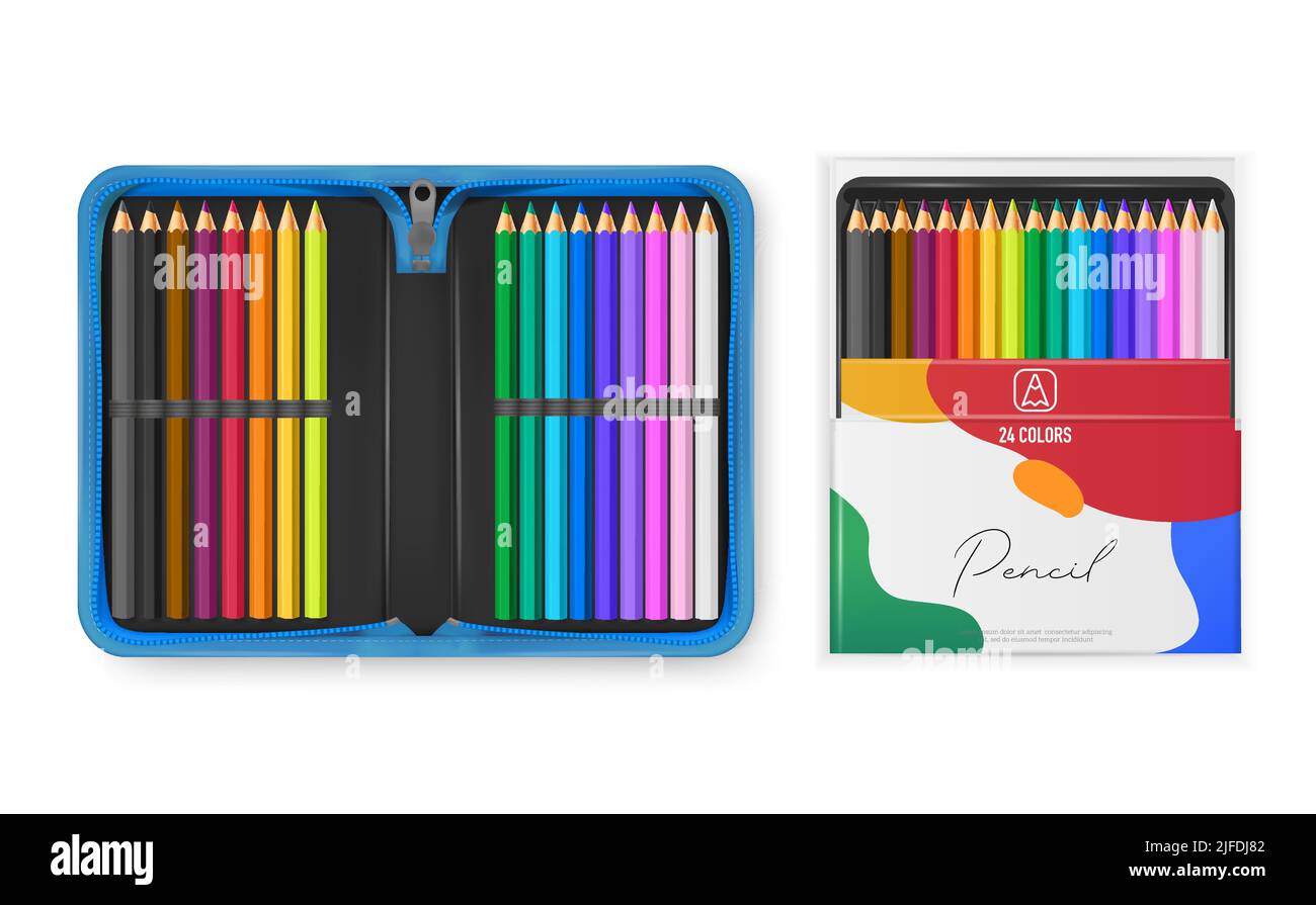 Ensemble réaliste avec crayons multicolores dans un boîtier bleu ouvert et illustration vectorielle isolée de boîte en carton Illustration de Vecteur