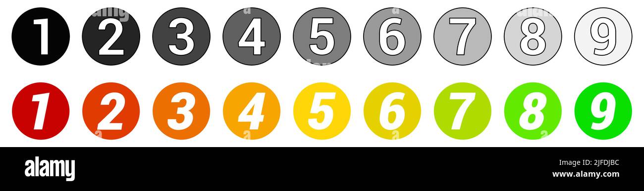 Nombres en petits cercles avec dégradé de couleur ou de gris. Peut être utilisé comme icônes de notation de l'échelle Illustration de Vecteur