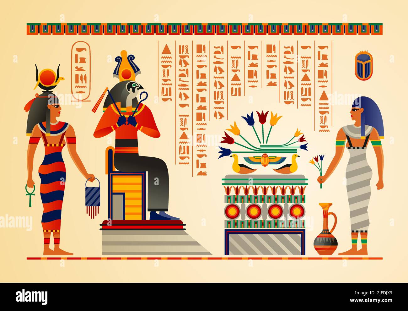 Culture égyptienne mythologie rituels dieux anciens scènes symboles hiéroglyphes temples vases tombes papyrus défilement fragment illustration vectorielle Illustration de Vecteur