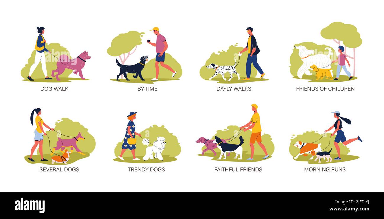 Le chien reproduit des compositions plates avec des personnes marchant sur leur chien spitz malamute chien afghan dalmatien husky doberman et d'autres illustrates vectorielles isolées Illustration de Vecteur