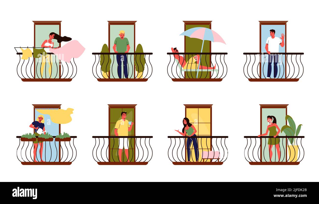 Les voisins sur leur balcon parlant relaxant arrosoir plantes pendant dehors linge plat ensemble isolé illustration vectorielle Illustration de Vecteur