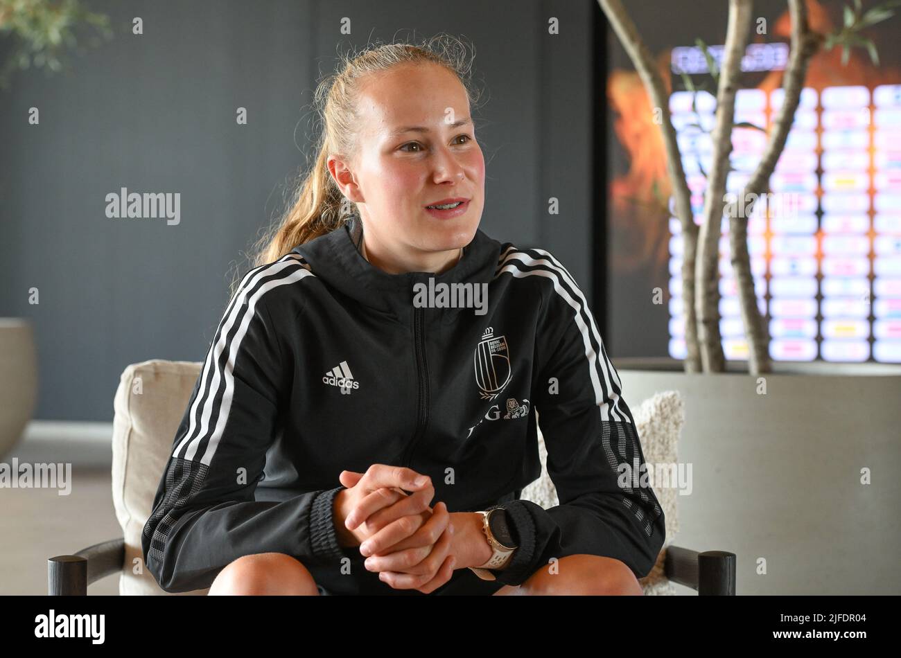 Tubize, Belgique. 02nd juillet 2022. Feli Delacauw de Belgique photographié lors d'une conférence de presse de l'équipe nationale féminine de football belge les flammes rouges, samedi 02 juillet 2022 à Tubize. Les flammes rouges se préparent pour les prochains championnats d'Europe des femmes Euro 2022 en Angleterre. BELGA PHOTO DAVID CATRY crédit: Belga News Agency/Alay Live News Banque D'Images
