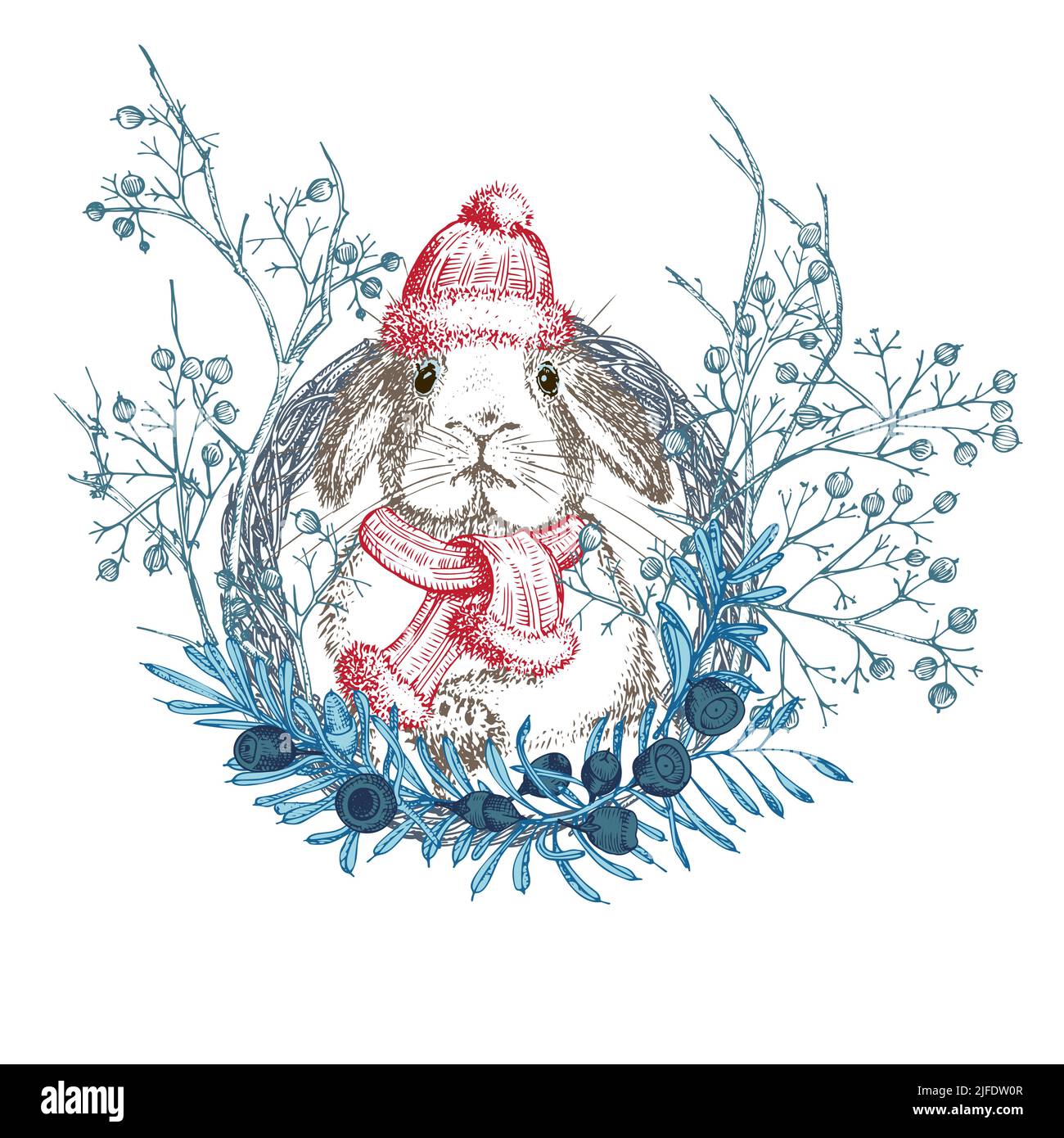 Lapin dessiné à la main en chapeau d'hiver rouge, écharpe couronne de Noël  symbole lapin nouvel an chinois 2023. Décoration de Noël. Tatouage Art.  Esquisse noir et blanc Image Vectorielle Stock -