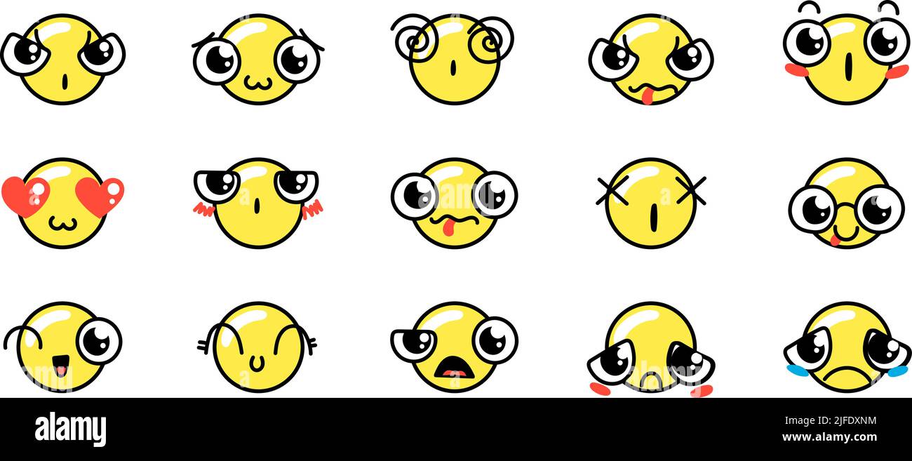 Différents jeux d'émoticônes de dessin animé. Faites un cercle jaune pour les visages, les yeux et la bouche. Caricature expressive comic émotions, sourire, pleurs et caractère surpris Illustration de Vecteur
