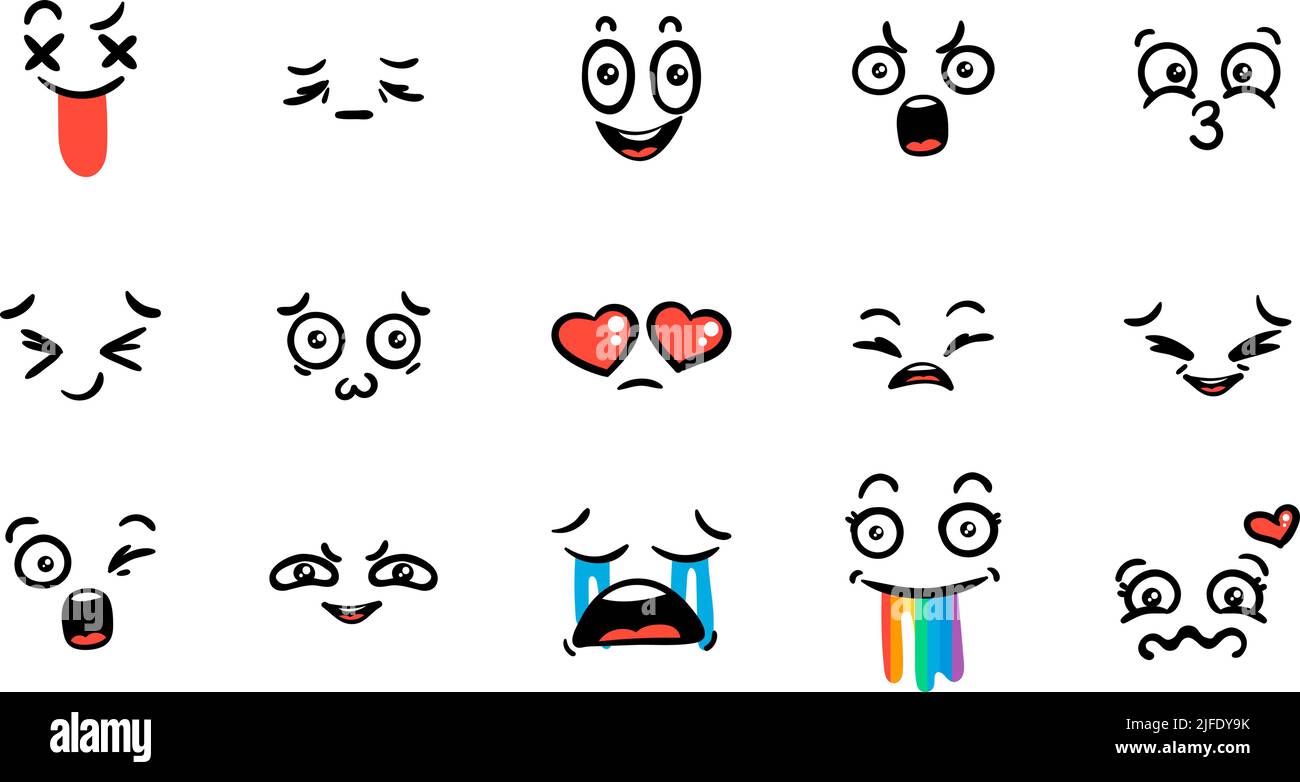 Différents jeux d'émoticônes de dessin animé. Doodle visages, yeux et bouche. Caricature expressive comic Emotions, souriant, pleurant et sursurpris visage de personnage expres Illustration de Vecteur