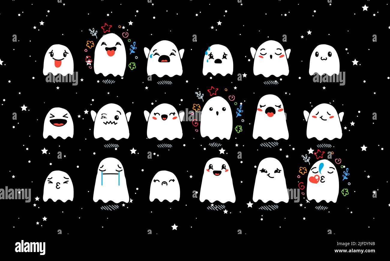 Ensemble de divers fantômes de dessin animé avec émoticônes. Doodle ghouls, yeux et bouche. Caricature expressive comic émotions, souriant, pleurant et surpris chara Illustration de Vecteur