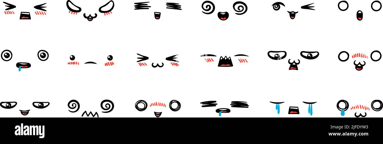 Différents jeux d'émoticônes de dessin animé. Doodle visages, yeux et bouche. Caricature expressive comic Emotions, souriant, pleurant et sursurpris visage de personnage expres Illustration de Vecteur