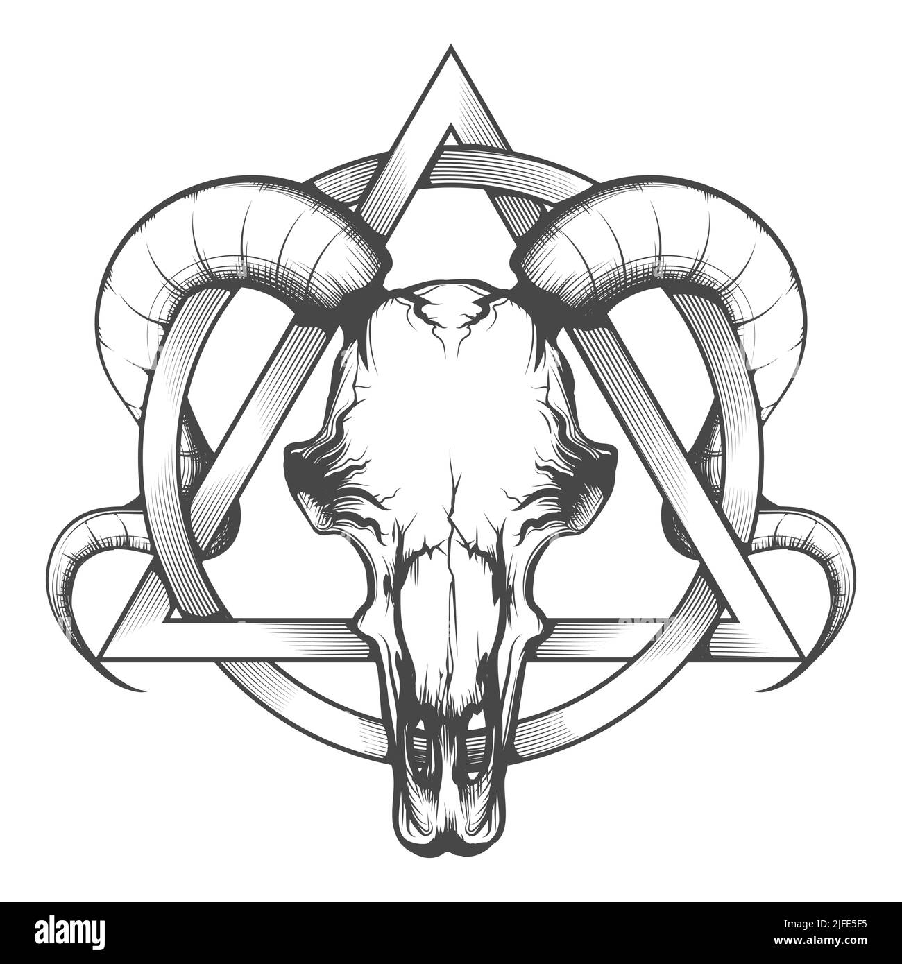 Tatouage mystique du crâne RAM en géométrie sacrée dessiné en style gravure isolé sur blanc. Illustration vectorielle. Illustration de Vecteur
