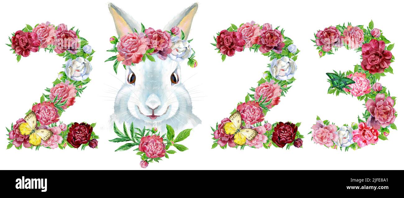 Numéro 2023 avec lapin de fleurs aquarelles, main isolée dessinée sur fond blanc, design de mariage, alphabet anglais Banque D'Images