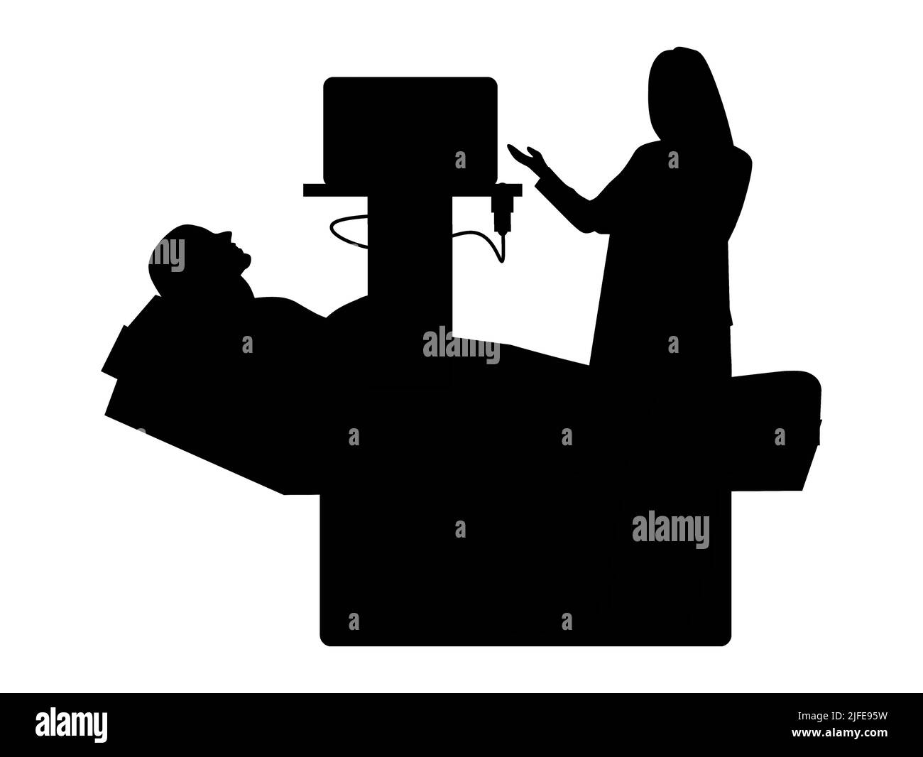 Silhouette noire d'un patient féminin subissant une procédure d'échographie dans un centre médical. Illustration de Vecteur