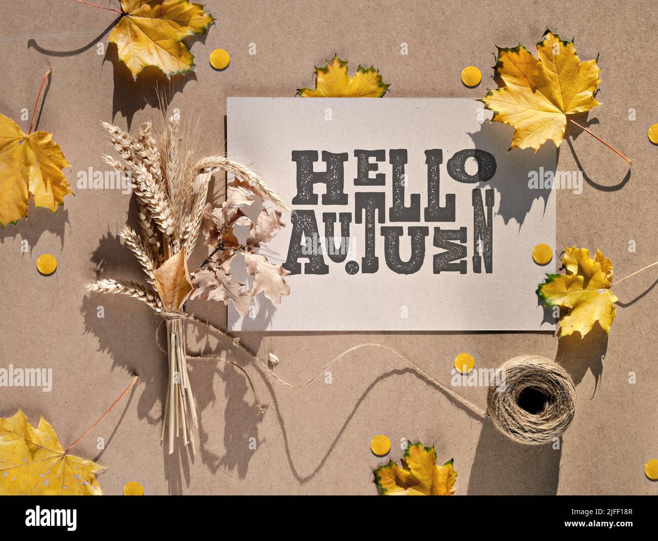 Carte de vœux Hello Autumn. Décoration automnale naturelle. Feuilles sèches d'érable et de chêne, oreilles de blé, corde de chanvre. Pose à plat, lumière du soleil, ombres longues. Banque D'Images