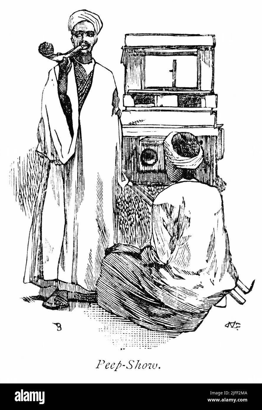 'PEP-Show', Picture-box et Puppet Theatre, Alexandrie, Illustration du livre, 'de Pharaon à Fellah' par C.F. Moberly Bell avec des illustrations de Georges Montbard, gravées par Charles Barbant, Wells Gardner, Darton, & Co., Londres, 1888 Banque D'Images