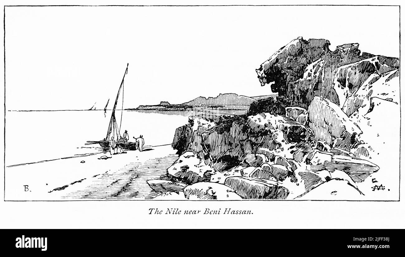 Fleuve du Nil près de Beni Hassan, Egypte, Illustration du Livre, 'de Pharaon à Fella' par C.F. Moberly Bell avec des illustrations de Georges Montbard, gravées par Charles Barbant, Wells Gardner, Darton, & Co., Londres, 1888 Banque D'Images