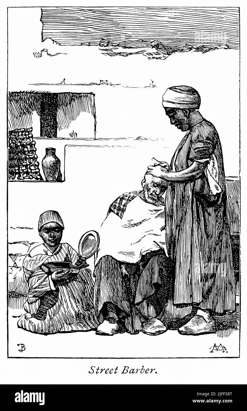 Street Barber, le Caire, Egypte, Illustration du Livre, 'de Pharaon à Fella' par C.F. Moberly Bell avec des illustrations de Georges Montbard, gravées par Charles Barbant, Wells Gardner, Darton, & Co., Londres, 1888 Banque D'Images