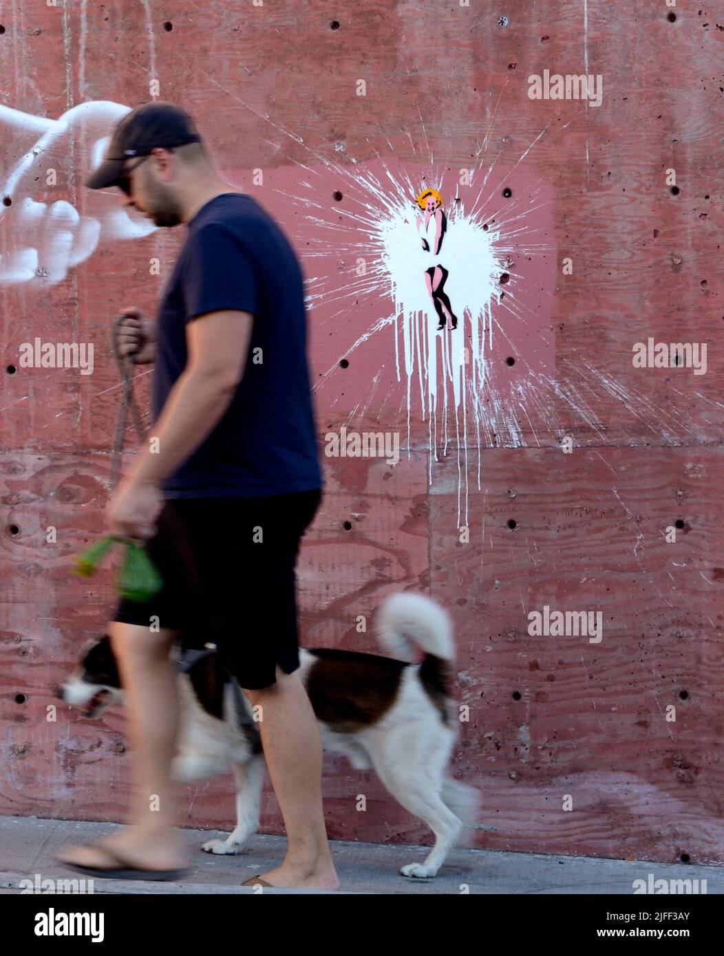 Un homme et son chien marchent à côté de l'art de la rue sur un mur au Nouveau-Mexique représentant Marilyn Monroe dans une scène célèbre du film « The Seven Year itch ». Banque D'Images