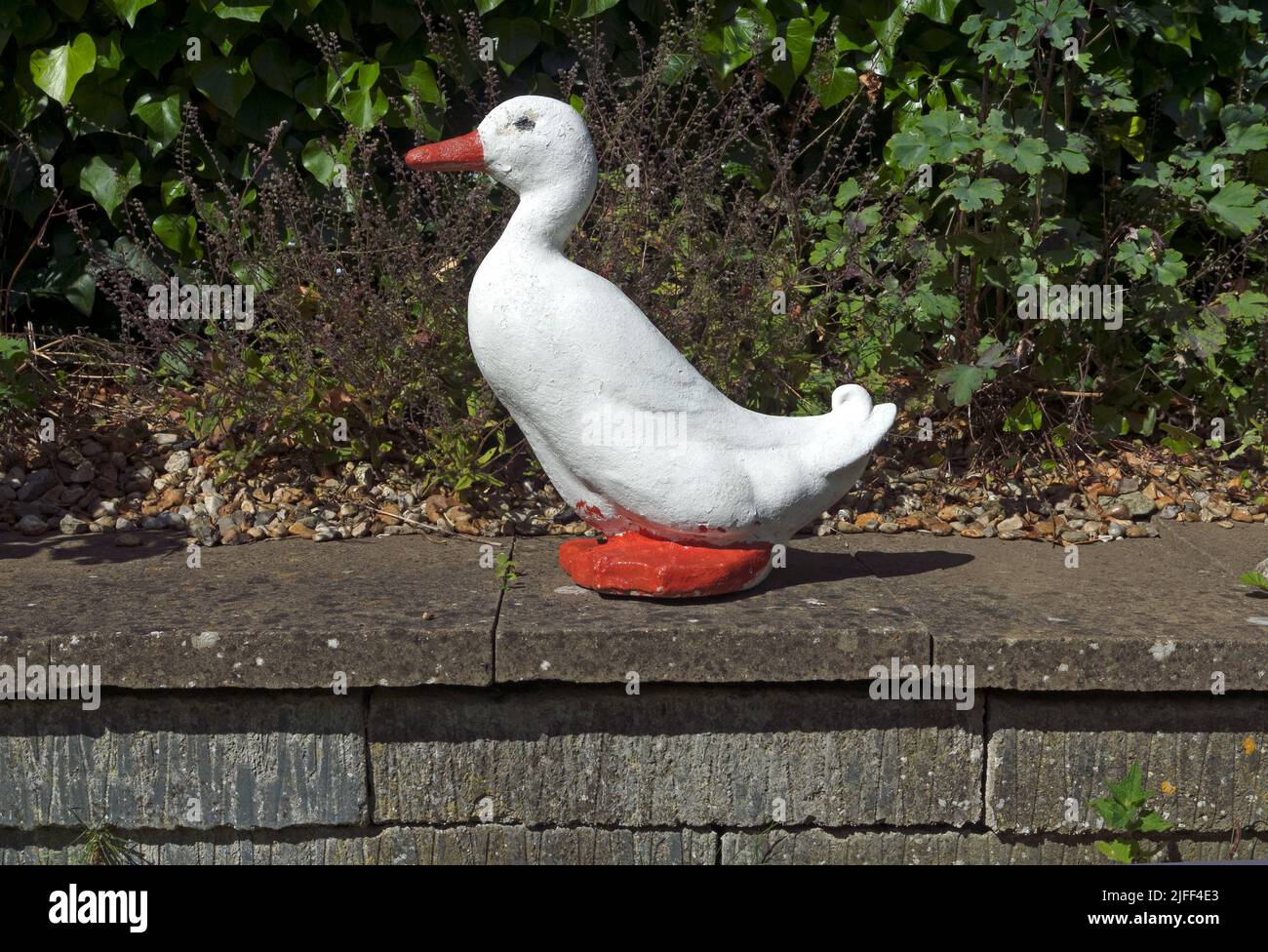 Décoration de jardin de canard blanc peint sur un mur de jardin Banque D'Images