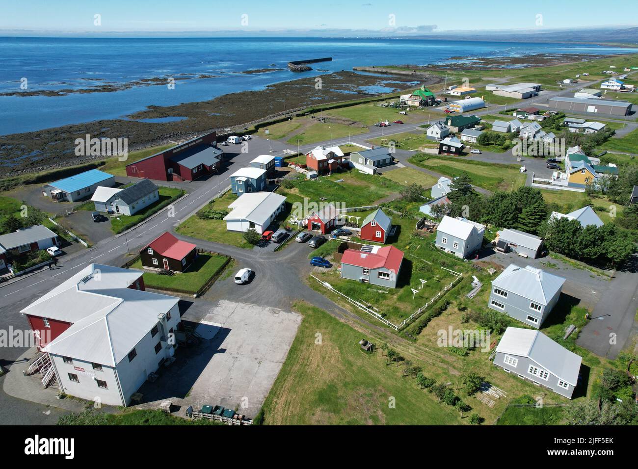 Eyrarbakki, Islande. Vue de drone. Banque D'Images