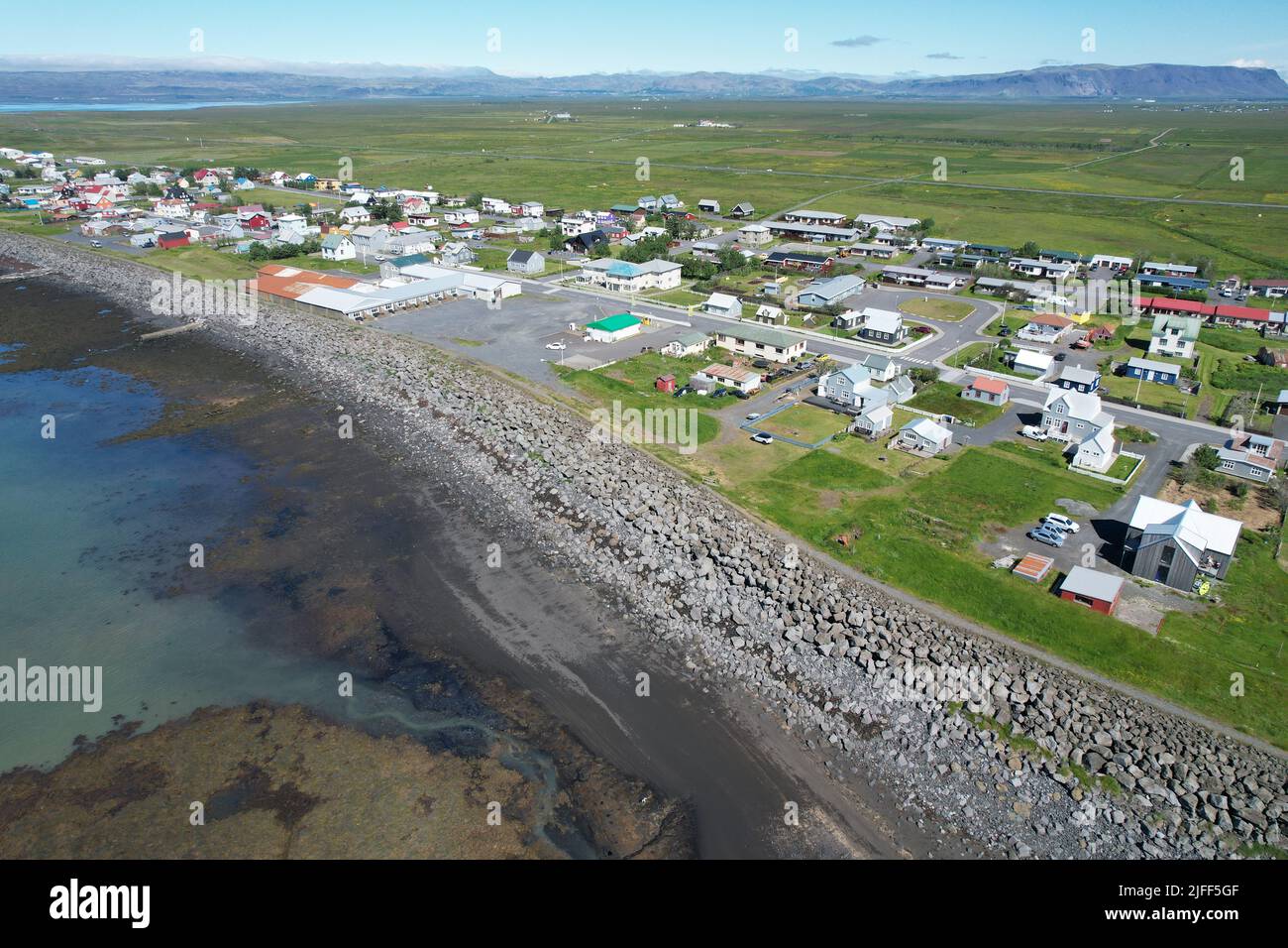 Eyrarbakki, Islande. Vue de drone. Banque D'Images