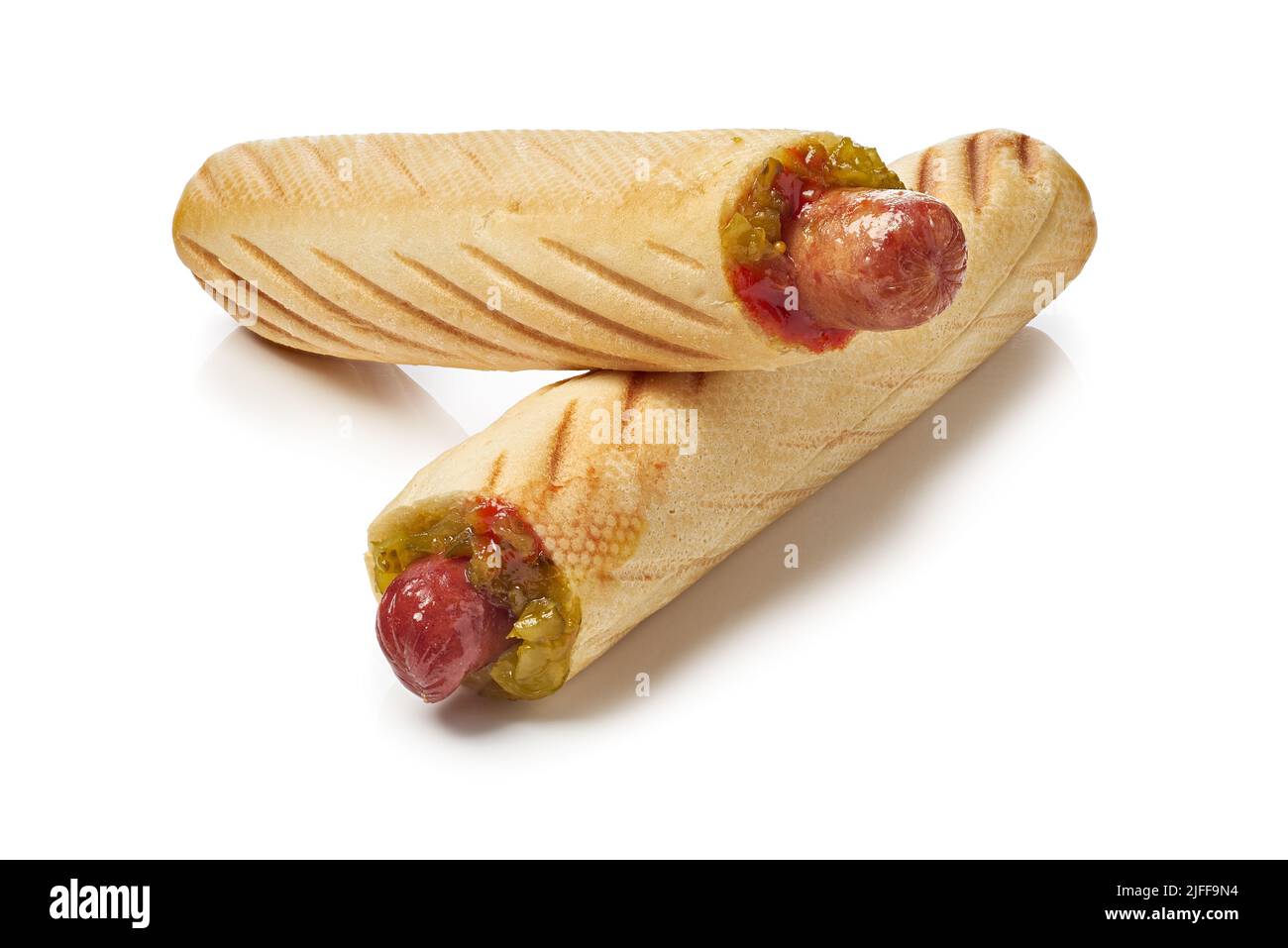 Deux hot dogs français sur fond blanc Banque D'Images
