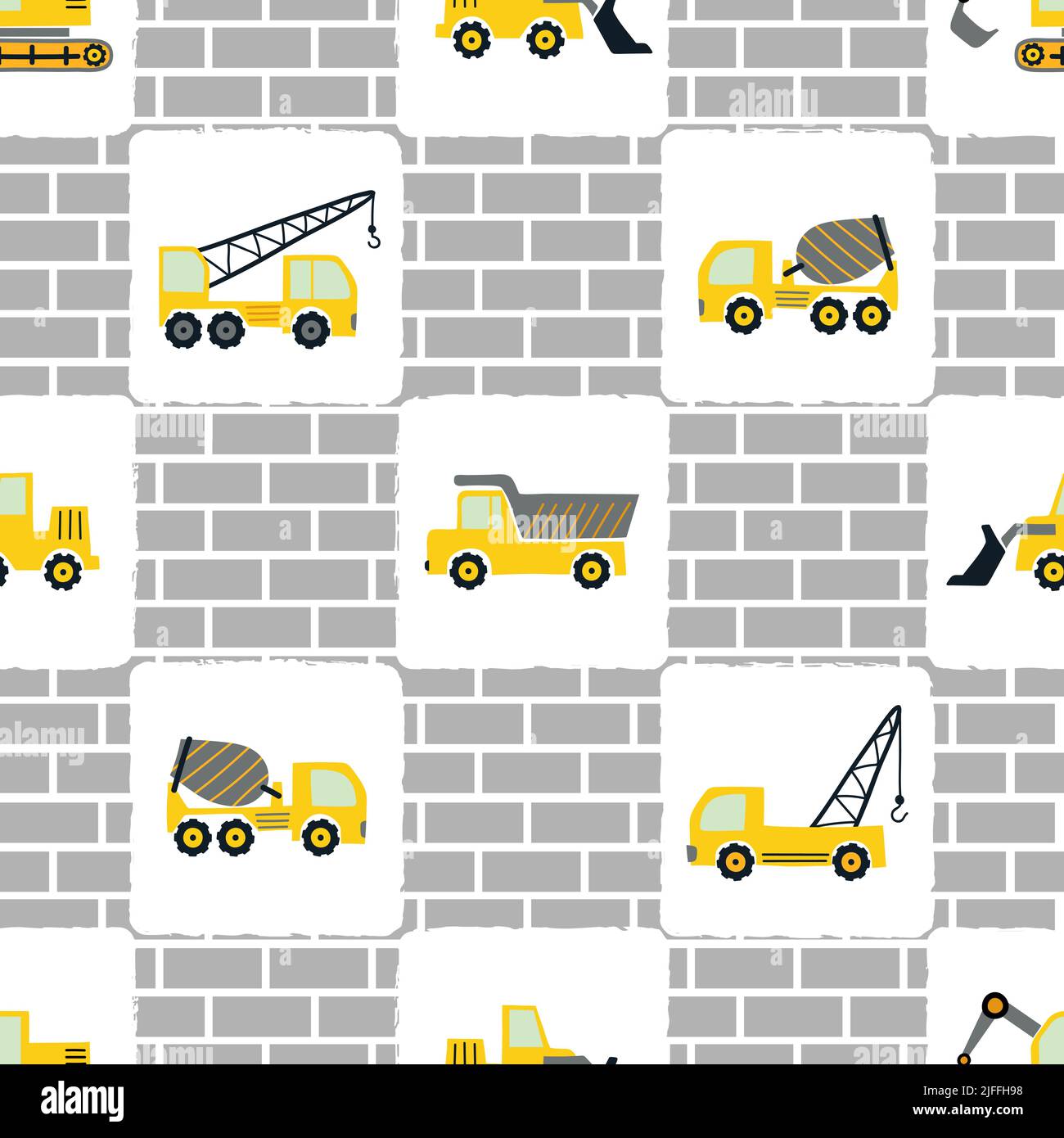 Motif de construction avec camions jaune cartoon. Arrière-plan de la voiture vectorielle pour les enfants. Illustration de Vecteur