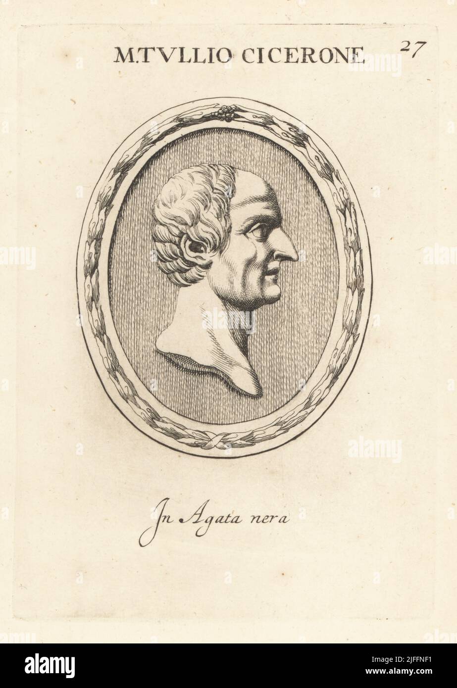 Profil buste de Cicero, 106 BC - 43 BC, homme d'État romain, avocat, érudit, philosophe et sceptique académique. Marcus Tullius Cicero, en agate noir. M. Tullio Cicerone. À agata nera. Gravure de coperplate par Giovanni Battista Galestuzzi d'après Leonardo Agostini de gemmae et Sculpturae Antiquae Depitti ab Leonardo Augustino Senesi, Abraham Blooteling, Amsterdam, 1685. Banque D'Images