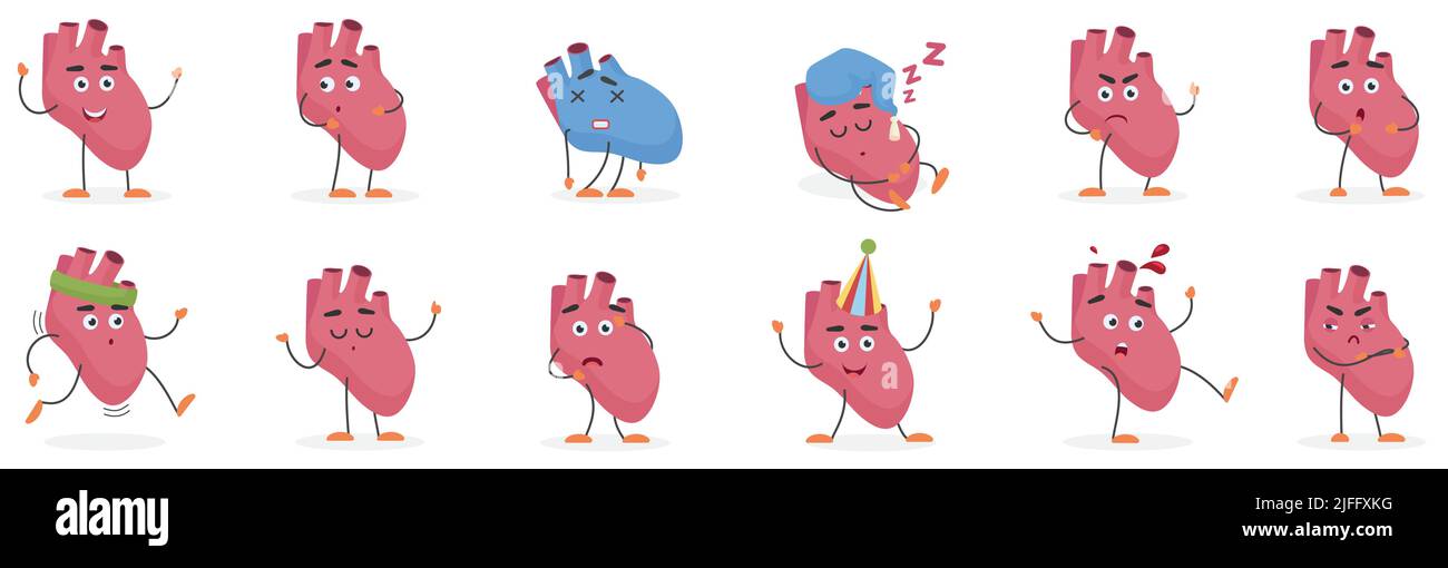 Mignon drôle dessin animé coeur humain interne expressions d'organe émotions et poses ensemble illustration vectorielle. Illustration de Vecteur