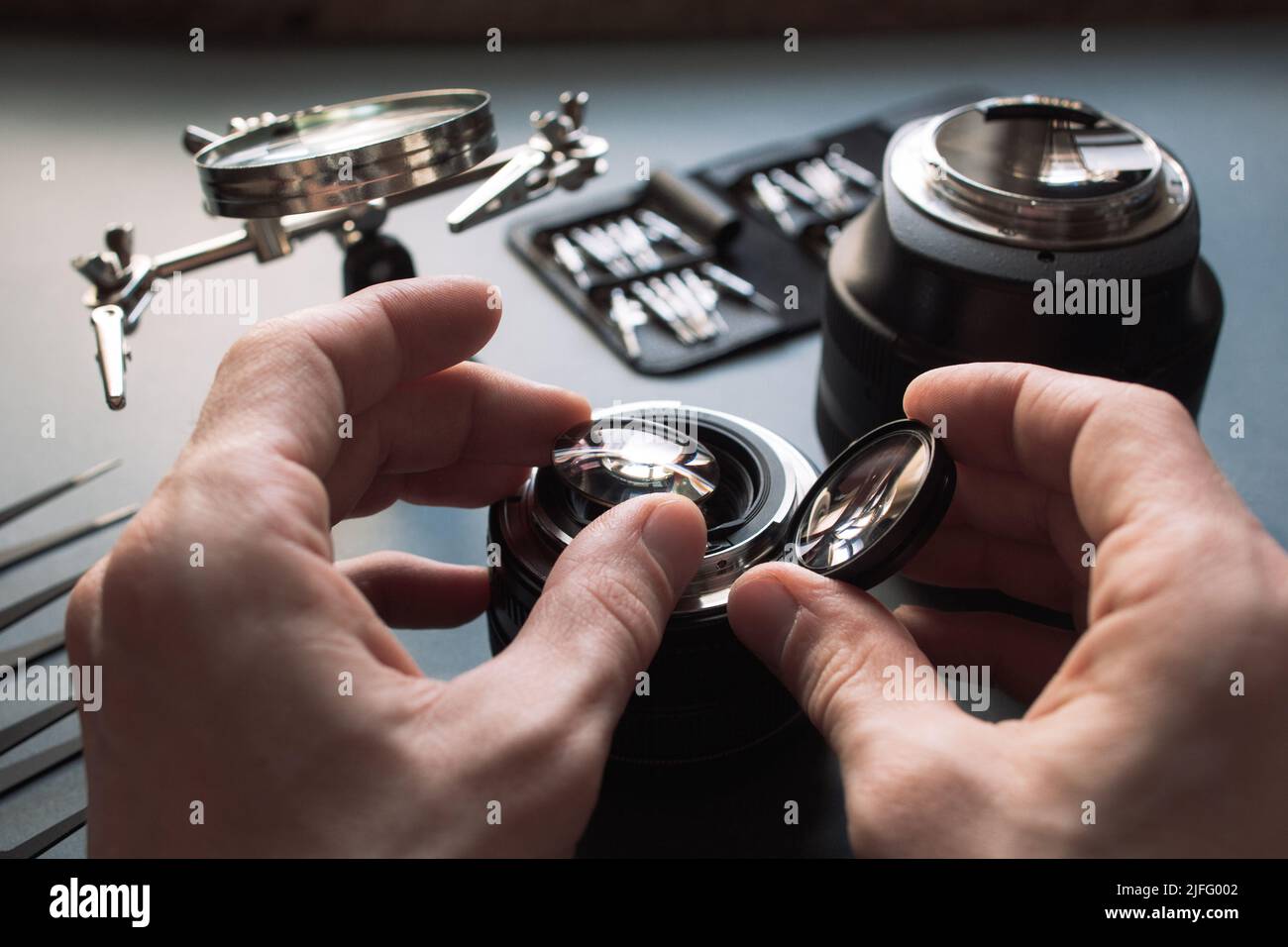 Service d'objectif fixe, réglage et alignement. Banque D'Images