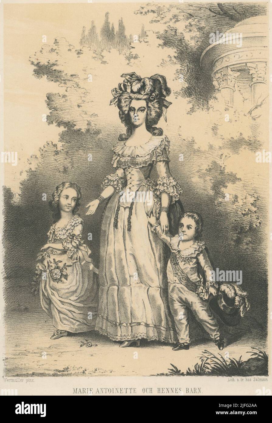 Marie-Antoinette. 1755-1793. La dernière reine de France avant la révolution française, mariée à Louis XVI Elle et la famille royale française ont été mises en résidence surveillée pendant la Révolution et plus tard emprisonnées. Le procès de Marie-Antoinette a commencé le 14 octobre 1793; elle a été condamnée deux jours plus tard par le Tribunal révolutionnaire de haute trahison et exécutée, également par guillotine, à la place de la Révolution. Photo avec deux de ses enfants marchant dans le parc de Trianon au château de Versailles. Banque D'Images
