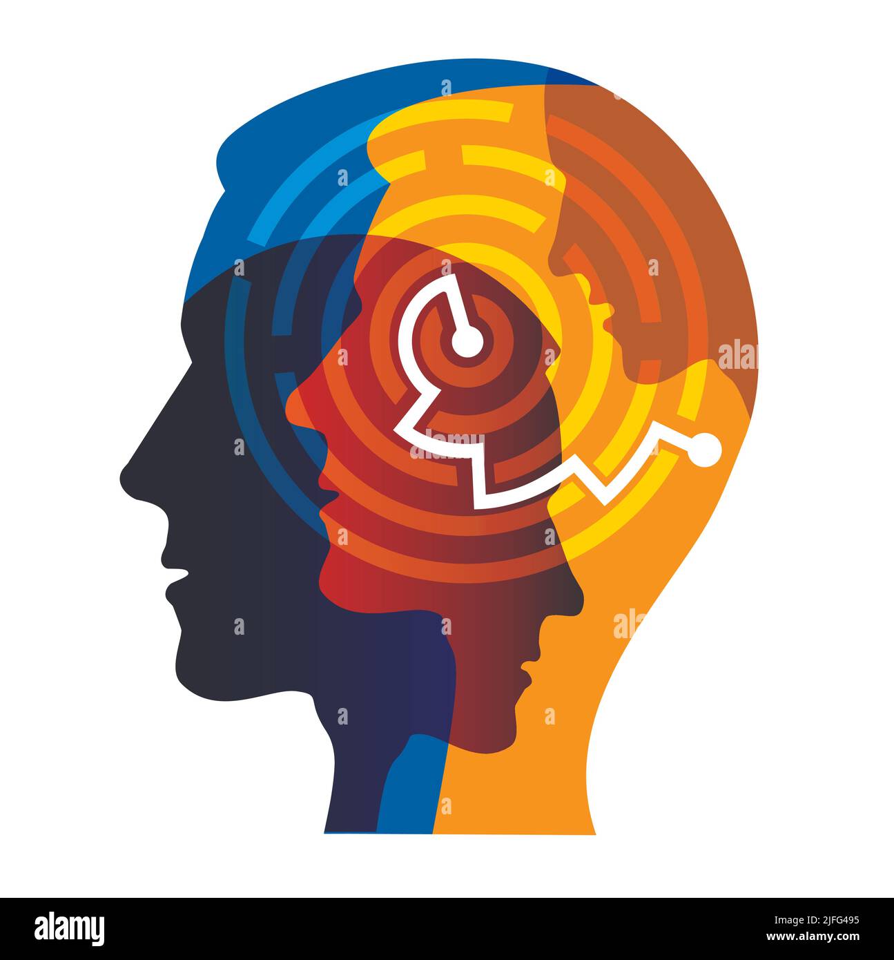 Solution de travail d'équipe, coopération commerciale, concept de labyrinthe. Illustration de silhouettes stylisées de têtes mâles de jeunes hommes avec labyrinthe résolu. Vecteur disponible. Illustration de Vecteur