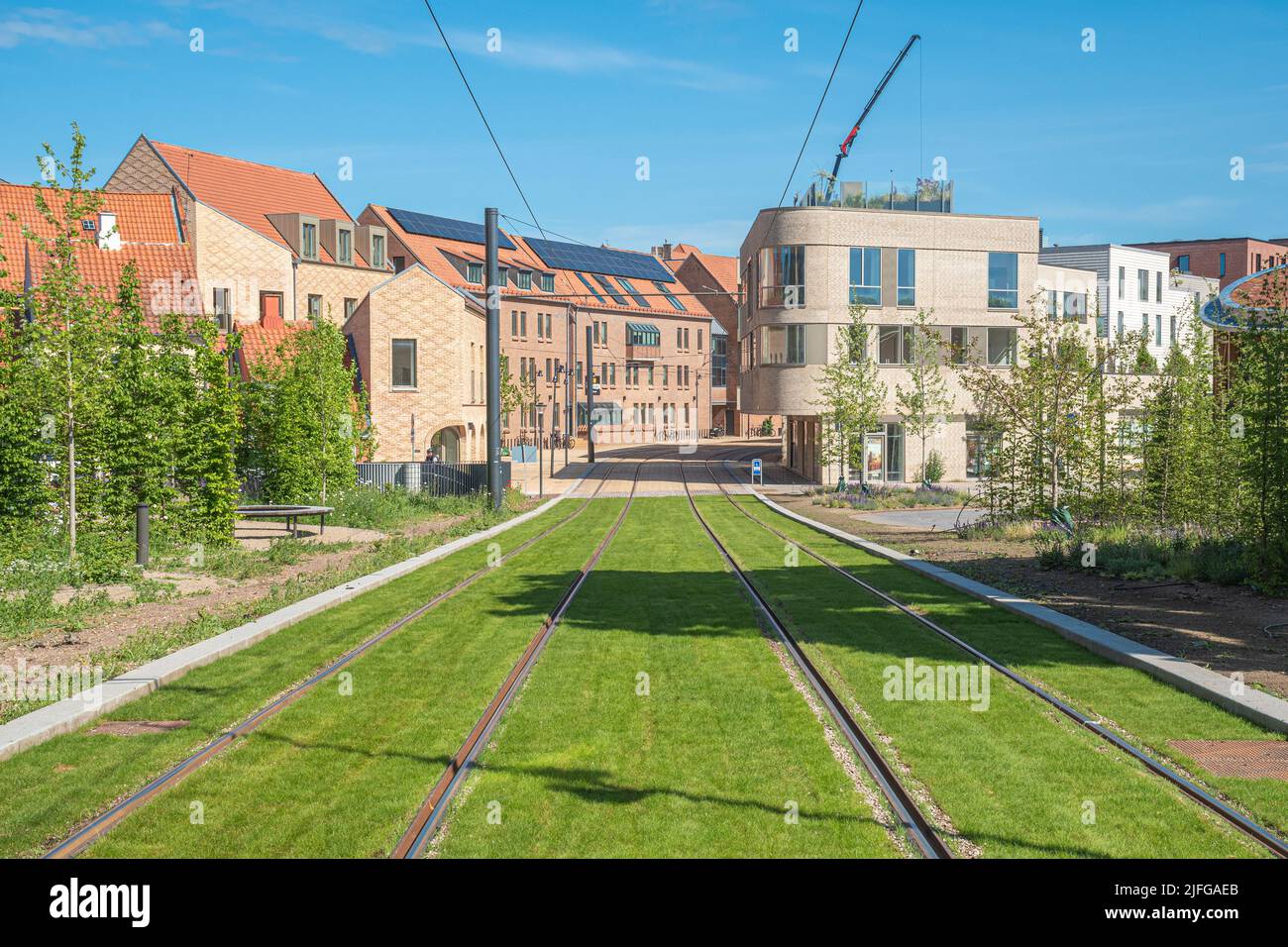 Voies ferrées du tramway ou du trolley-bus sur une route à herbe verte. Réseau électrique de transport public dans la ville centrale d'Odense, Danemark, Europe Banque D'Images
