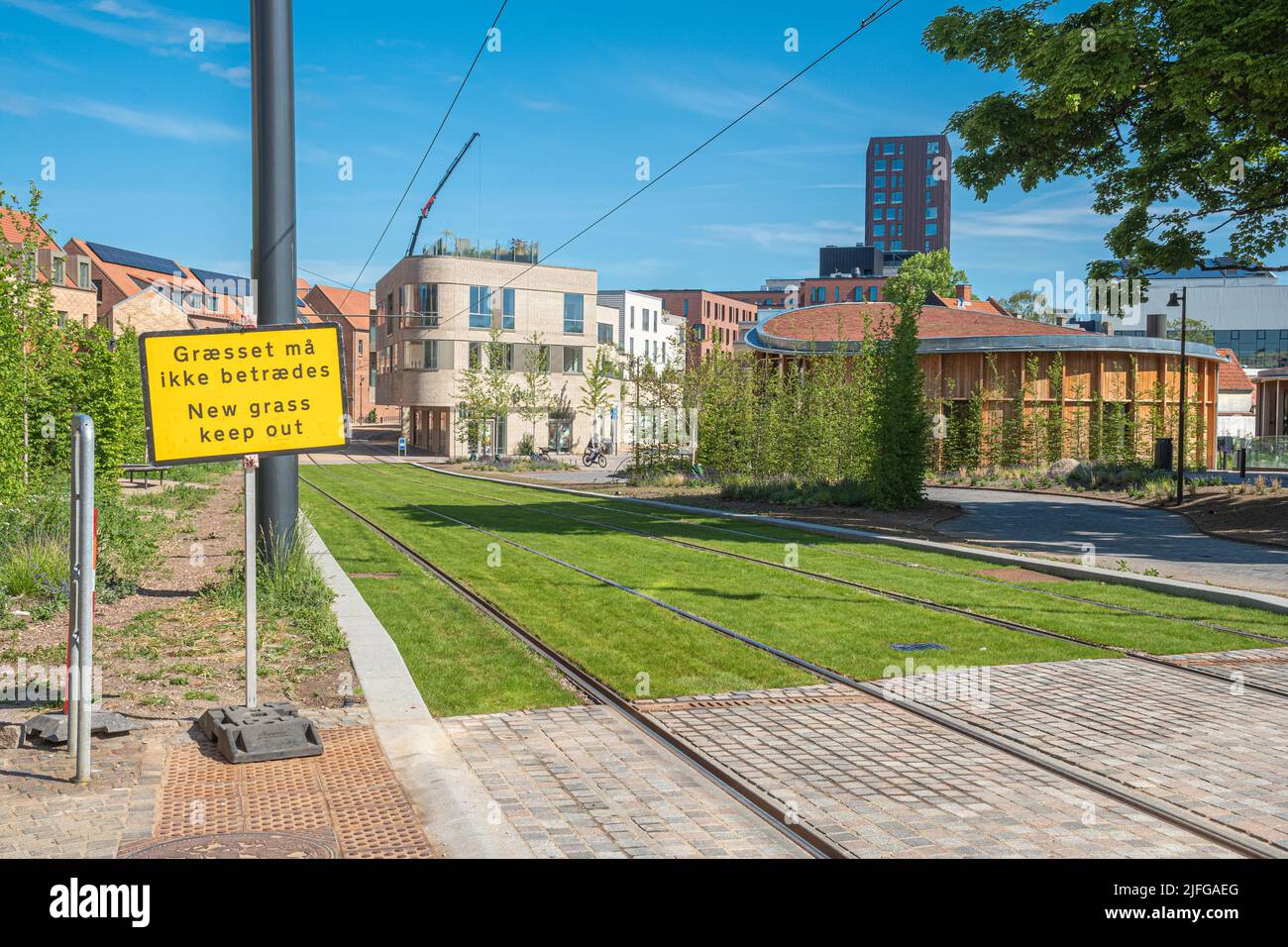 Voies ferrées du tramway ou du trolley-bus sur une route à herbe verte. Réseau électrique de transport public dans la ville centrale d'Odense, Danemark, Europe Banque D'Images