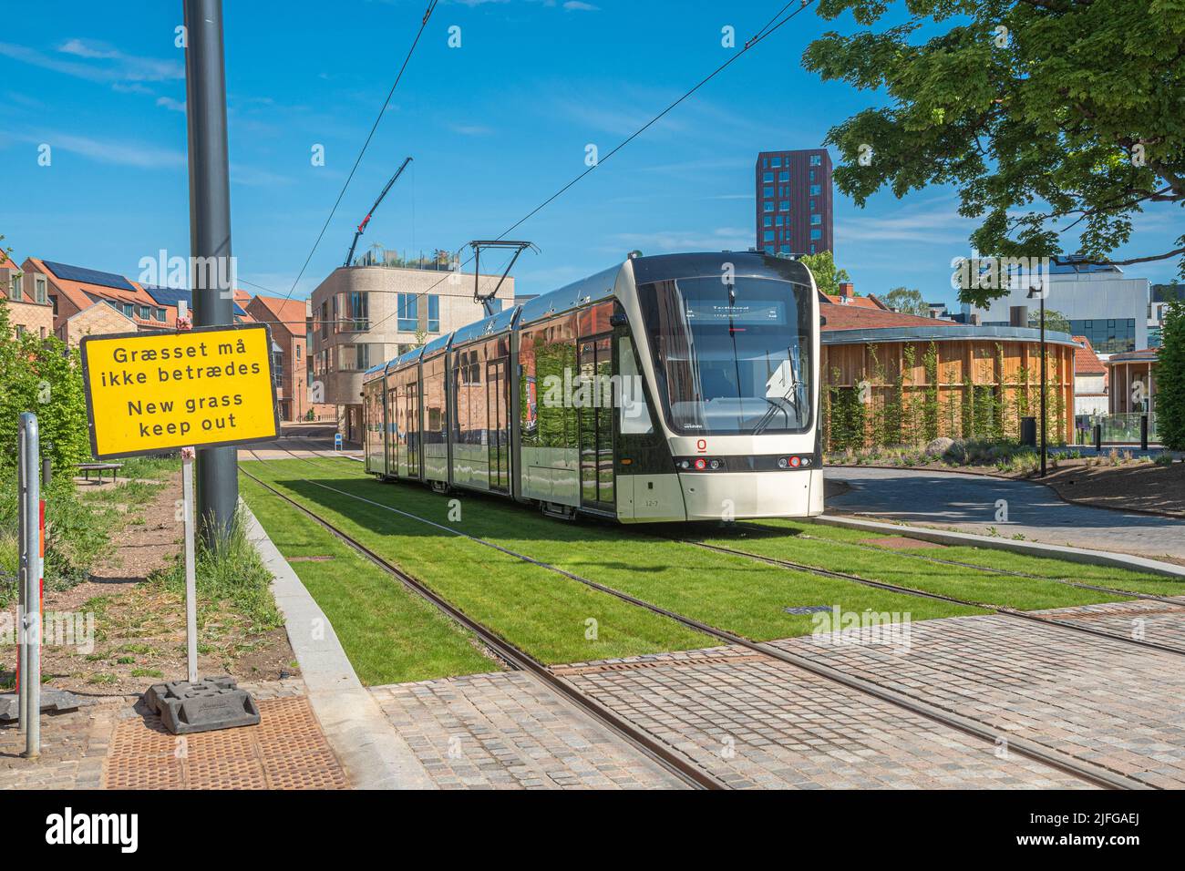 Voies ferrées du tramway ou du trolley-bus sur une route à herbe verte. Réseau électrique de transport public dans la ville centrale d'Odense, Danemark, Europe Banque D'Images