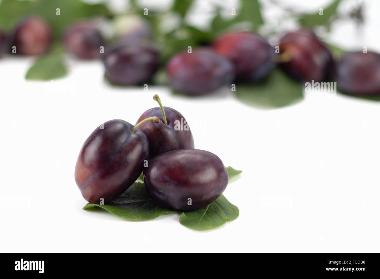 Fruit de prune frais avec feuille verte et tranches de prune coupées isolées sur fond clair. Mise au point sélective. Banque D'Images