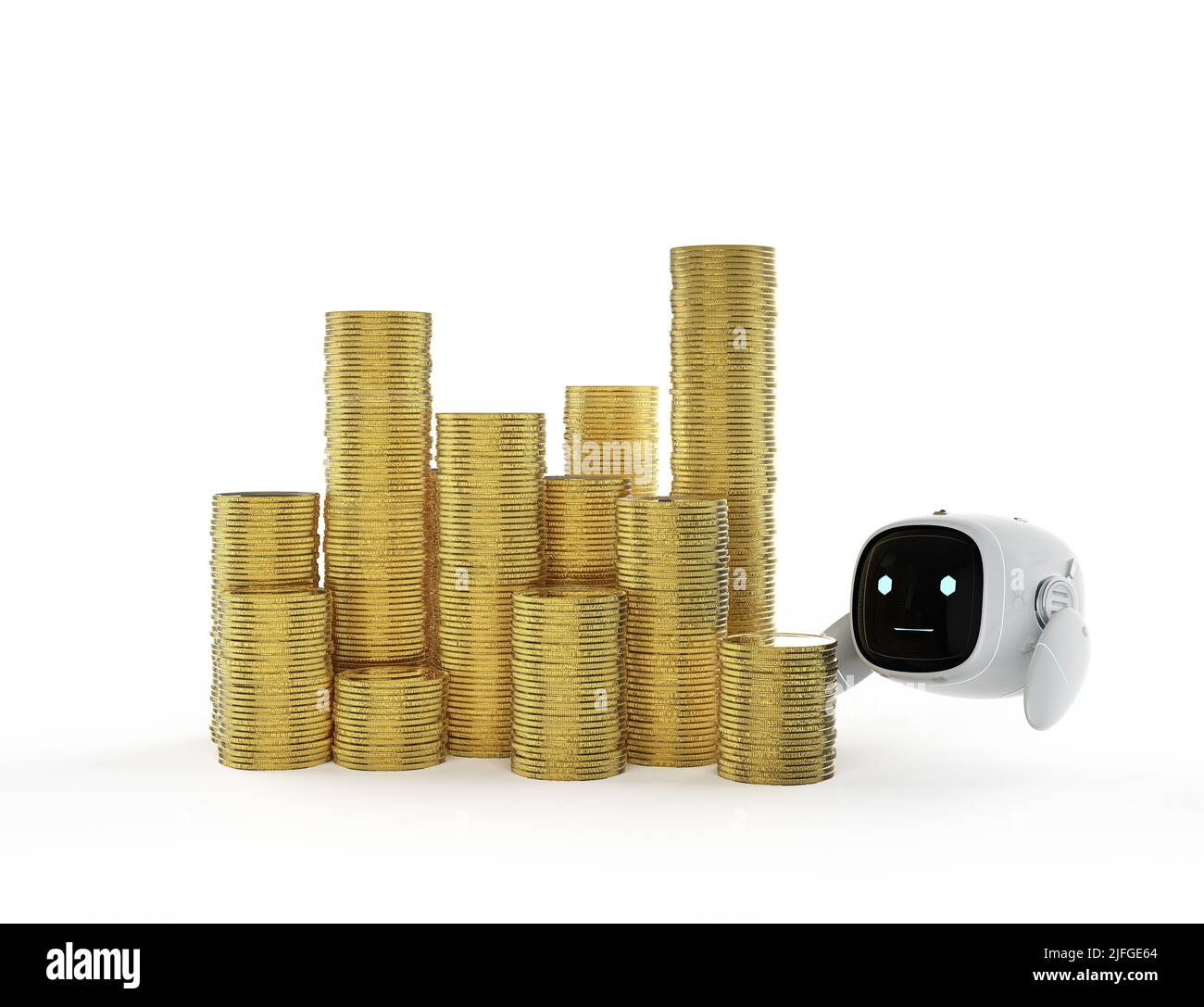 Concept de technologie financière avec 3D rendant petit robot avec pile de pièces d'or Banque D'Images