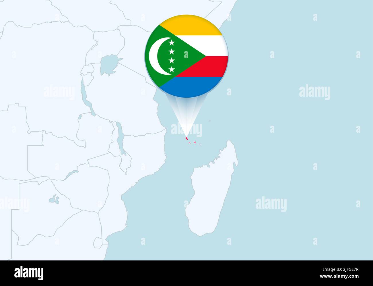 Afrique avec carte des Comores sélectionnée et icône du drapeau des Comores. Carte vectorielle et indicateur. Illustration de Vecteur