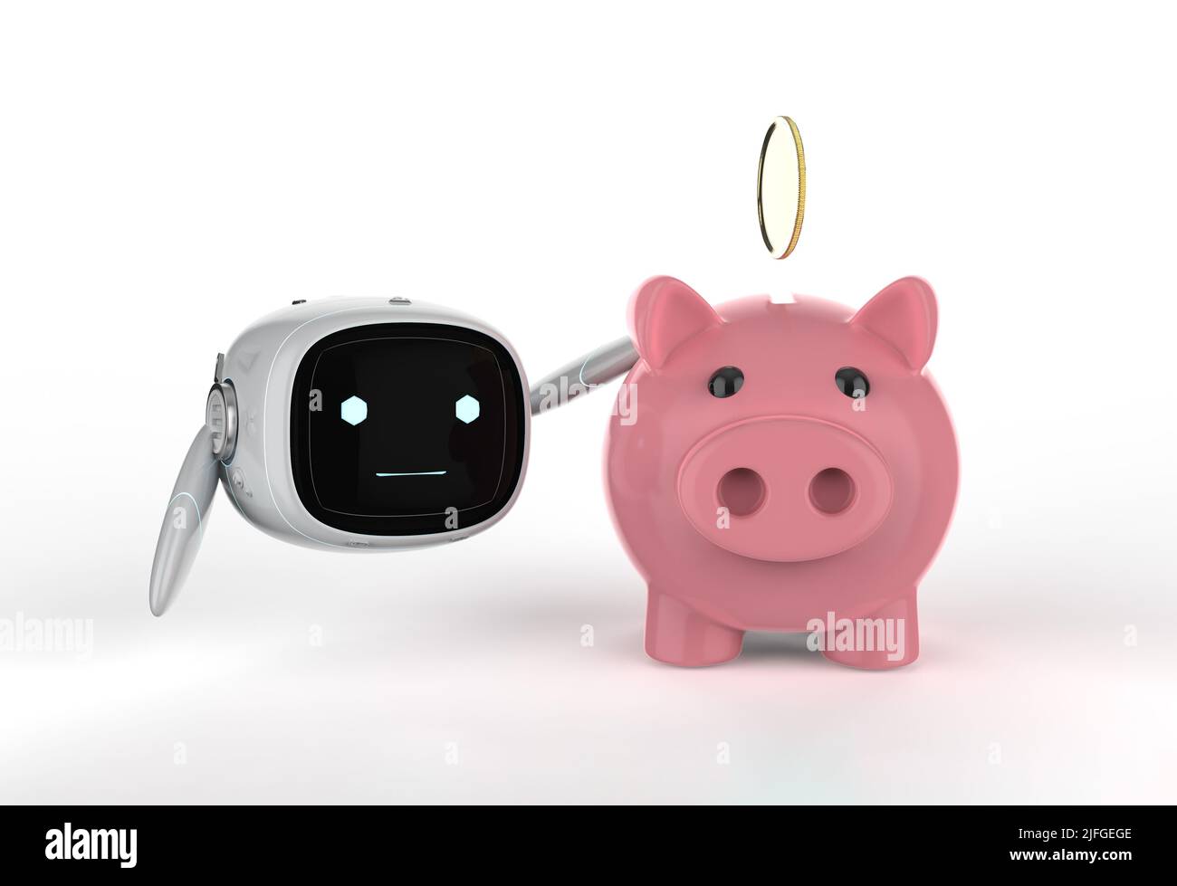 Concept de technologie financière avec 3D rendant petit robot avec banque de piggy Banque D'Images