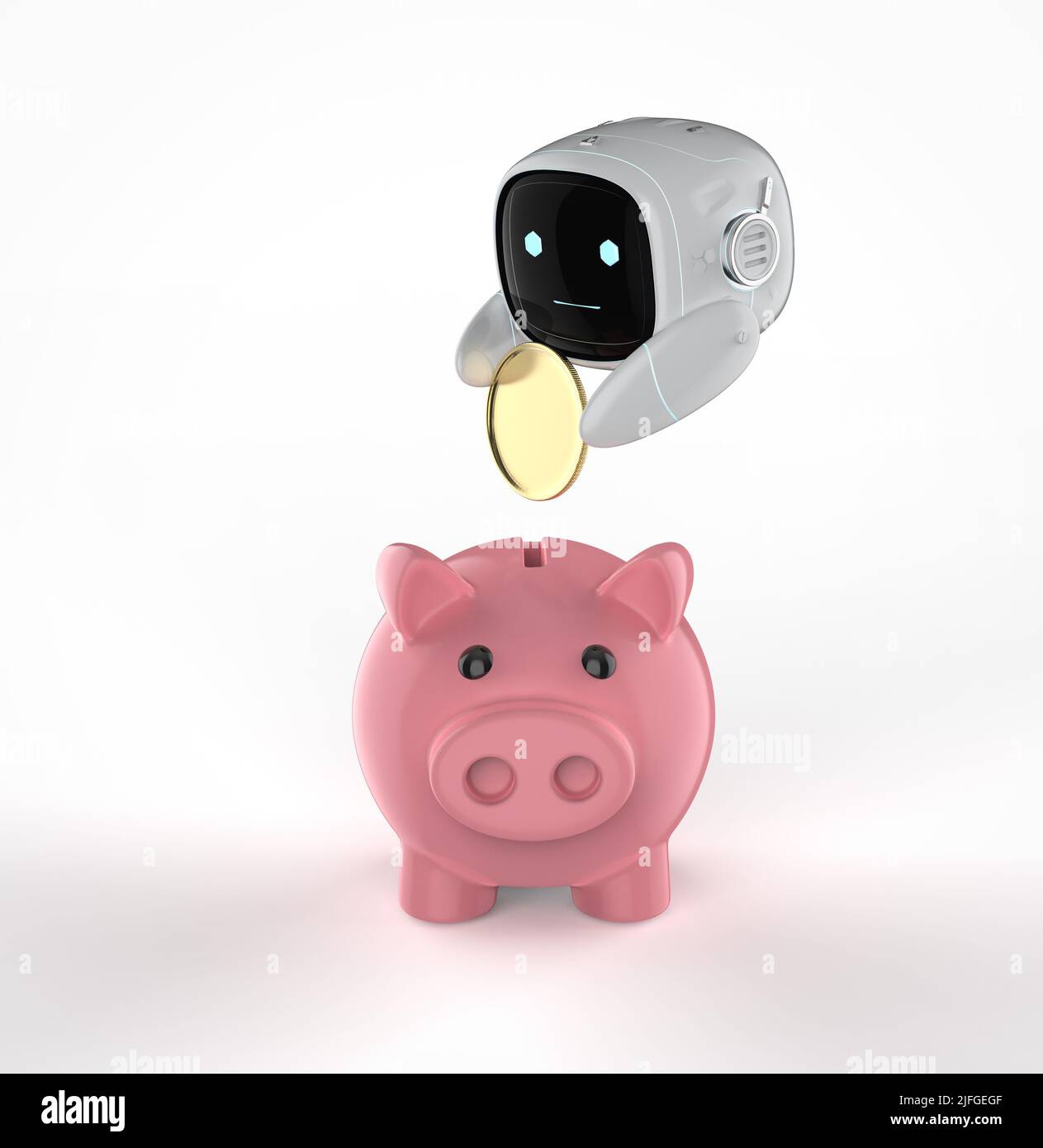 Concept de technologie financière avec 3D rendant petit robot avec banque de piggy Banque D'Images