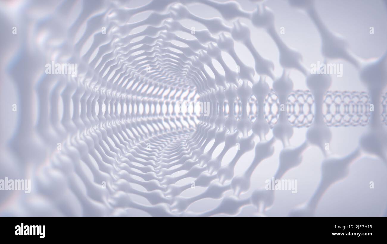 Regarder à travers le nanotube de carbone (CNT). Les nanotubes de carbone sont des molécules cylindriques constituées de feuilles de graphène enroulées. Nanotechnologie basée sur le graphène Banque D'Images