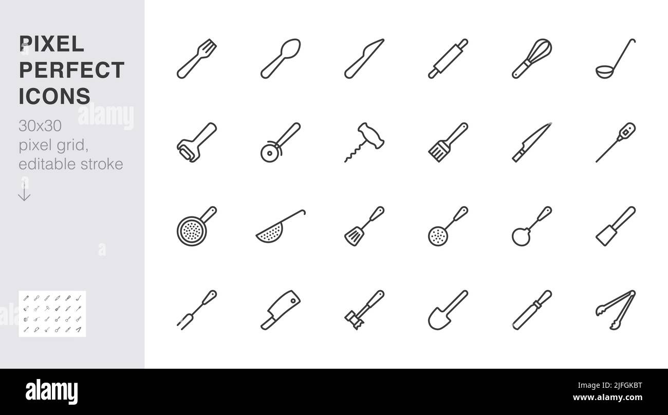 Jeu d'icônes de la ligne de cuisson. Matériel de cuisine - fourchette, couteau, cuillère, marteau, louche, illustration du vecteur minimal de la vis à tête cylindrique. Un simple signe de la cuisson Illustration de Vecteur