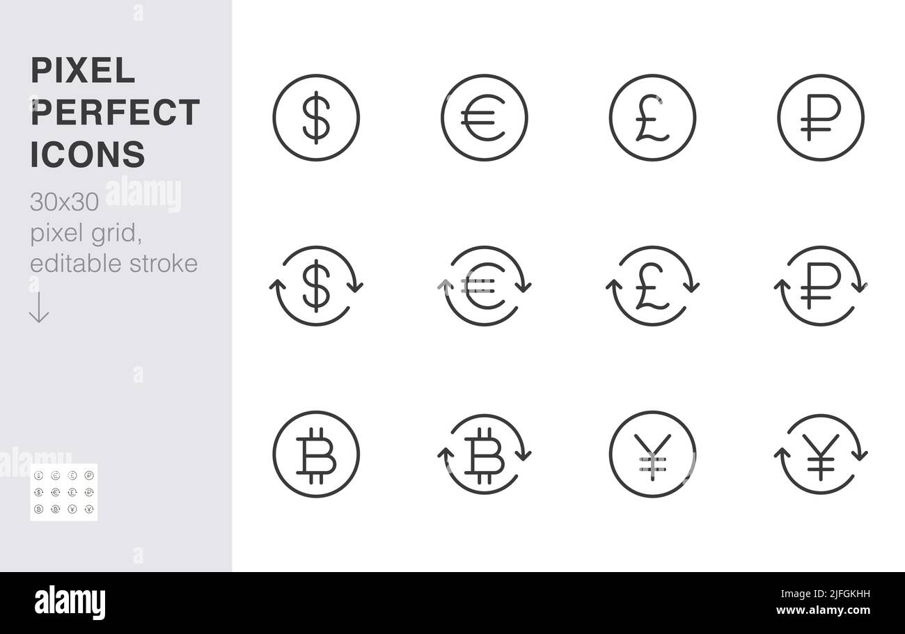Ensemble d'icônes de ligne de change. Dollar, euro, livre, rouble russe, yen, illustration du vecteur minimal bitcoin. Simple contour argent signe pour financier Illustration de Vecteur