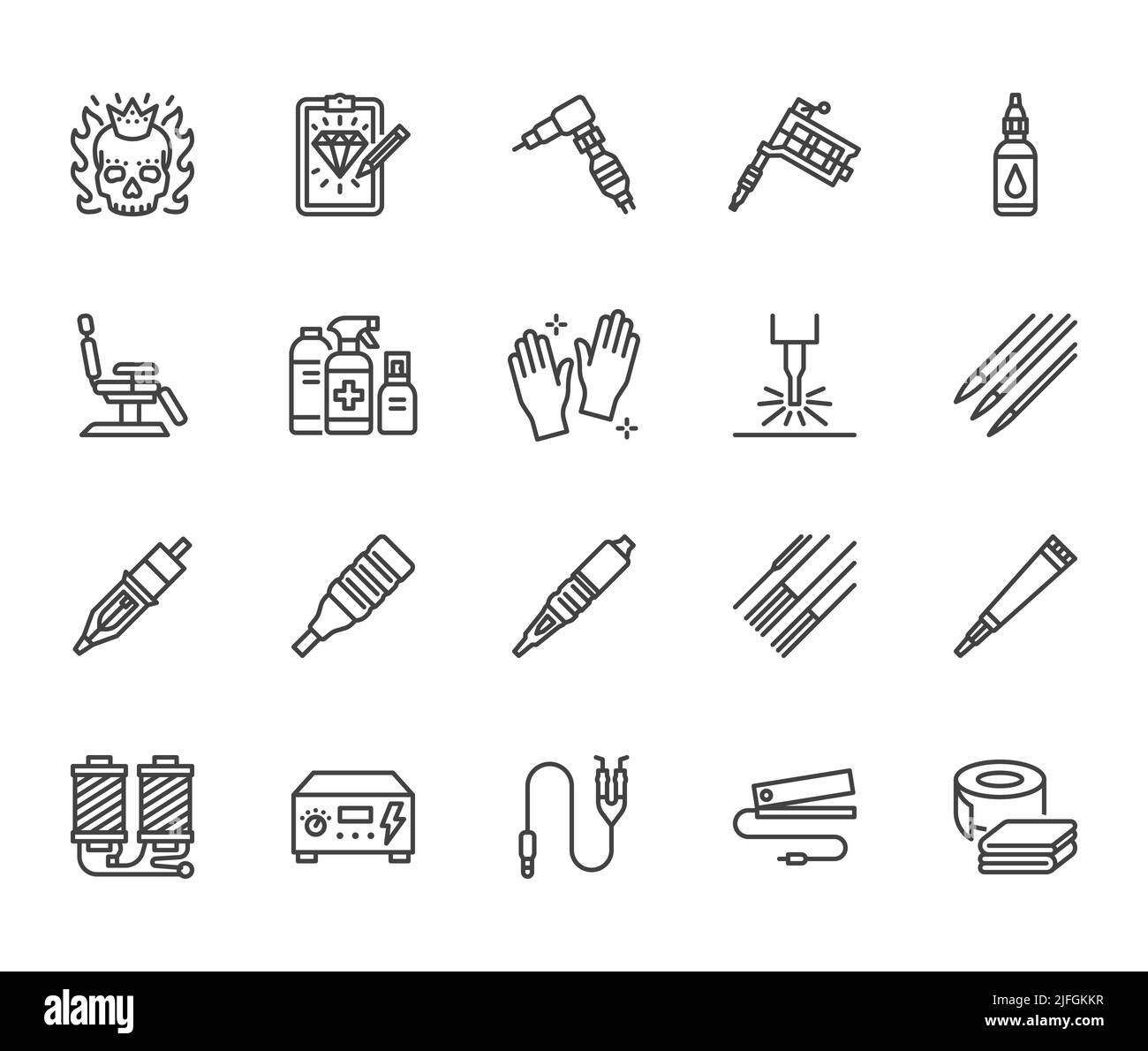 Tatouage, jeu d'icônes de ligne plate d'équipement de perçage. Tatouage machine, aiguille, peinture, esquisse, crâne, illustrations vectorielles de suppression du laser. Définir les affiches pour Illustration de Vecteur