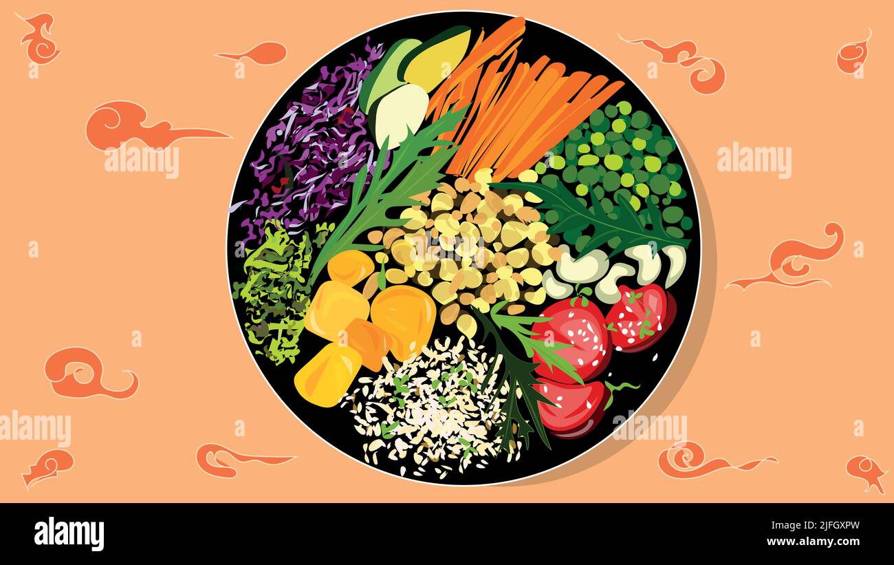 Des aliments frais utiles et sains. Les légumes frais et les herbes, les tomates et les haricots au sésame améliorent votre santé. Illustration de Vecteur
