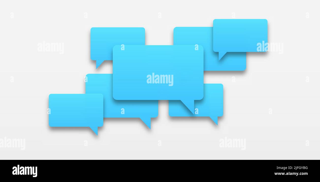 Bulles de voix bleues avec ombre sur fond blanc isolé. Le concept de communication des personnes dans la société. Illustration vectorielle. Communication Illustration de Vecteur