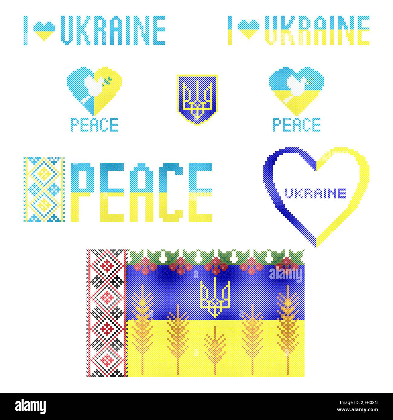 J'aime l'Ukraine, la paix, les symboles ukrainiens point de croix broderie, vecteur Illustration de Vecteur