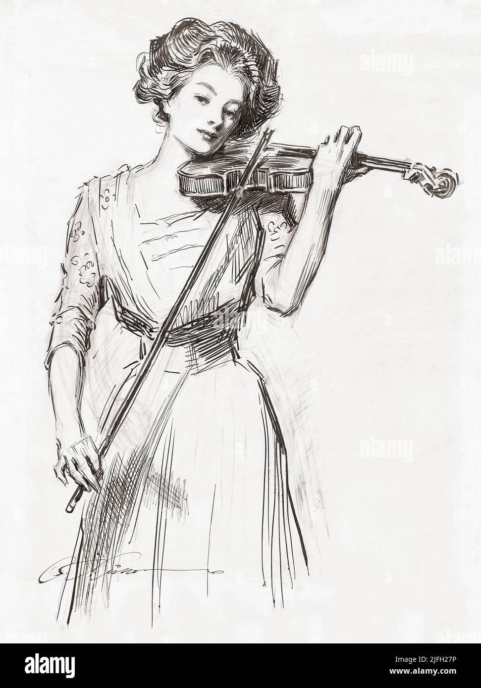 Une belle femme euro-américaine jouant un violon (violon) au tournant du 20th siècle par Charles Dana Gibson (1867-1944), un illustrateur américain. Banque D'Images
