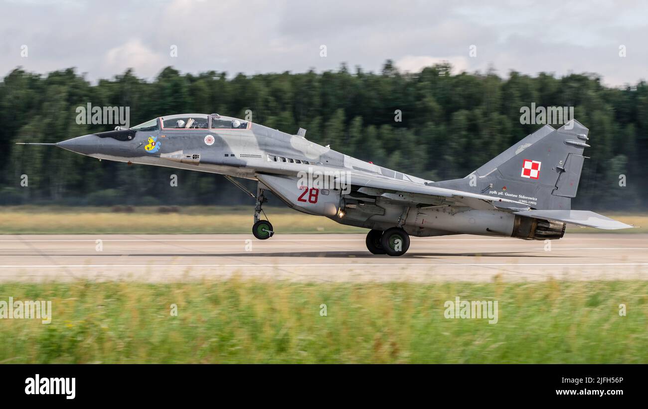 23rd base aérienne militaire, Mińsk Mazowiecki, Pologne - 14 août 2014 : avion de chasse MIG-29 de la Force aérienne polonaise à l'aéroport militaire de l'EPMM Banque D'Images